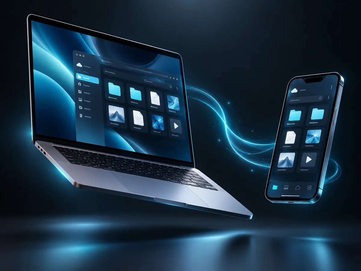 A laptop and a phone linked by a trail of cyan light