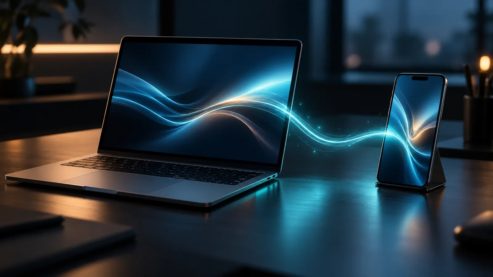 A laptop and a phone on a dark desk, linked by a trail of cyan light